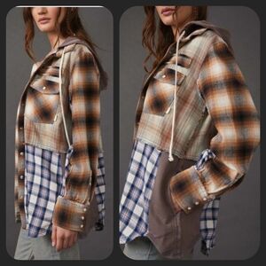 We The Free People BLUE RIDGE Mixed Plaid + Media Hoodie Hooded Jacket Shacket